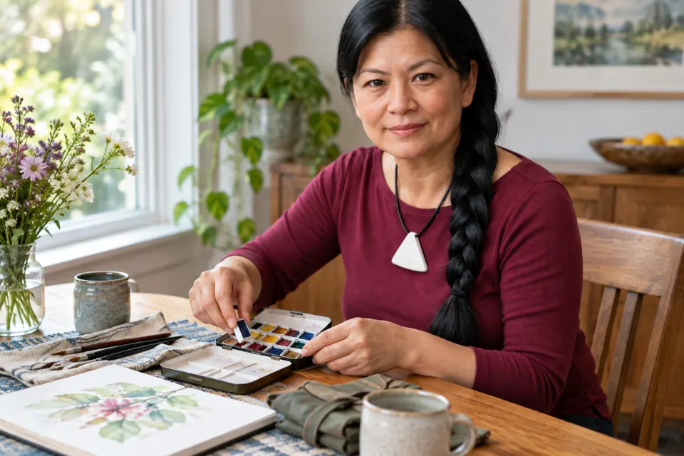 Irene Wu setting out watercolor materials